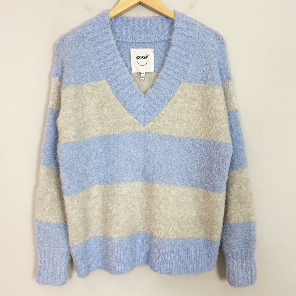 Aerie Sweater Blue Striped V-Neck Fuzzy Bouclé Knit Size XS Women's